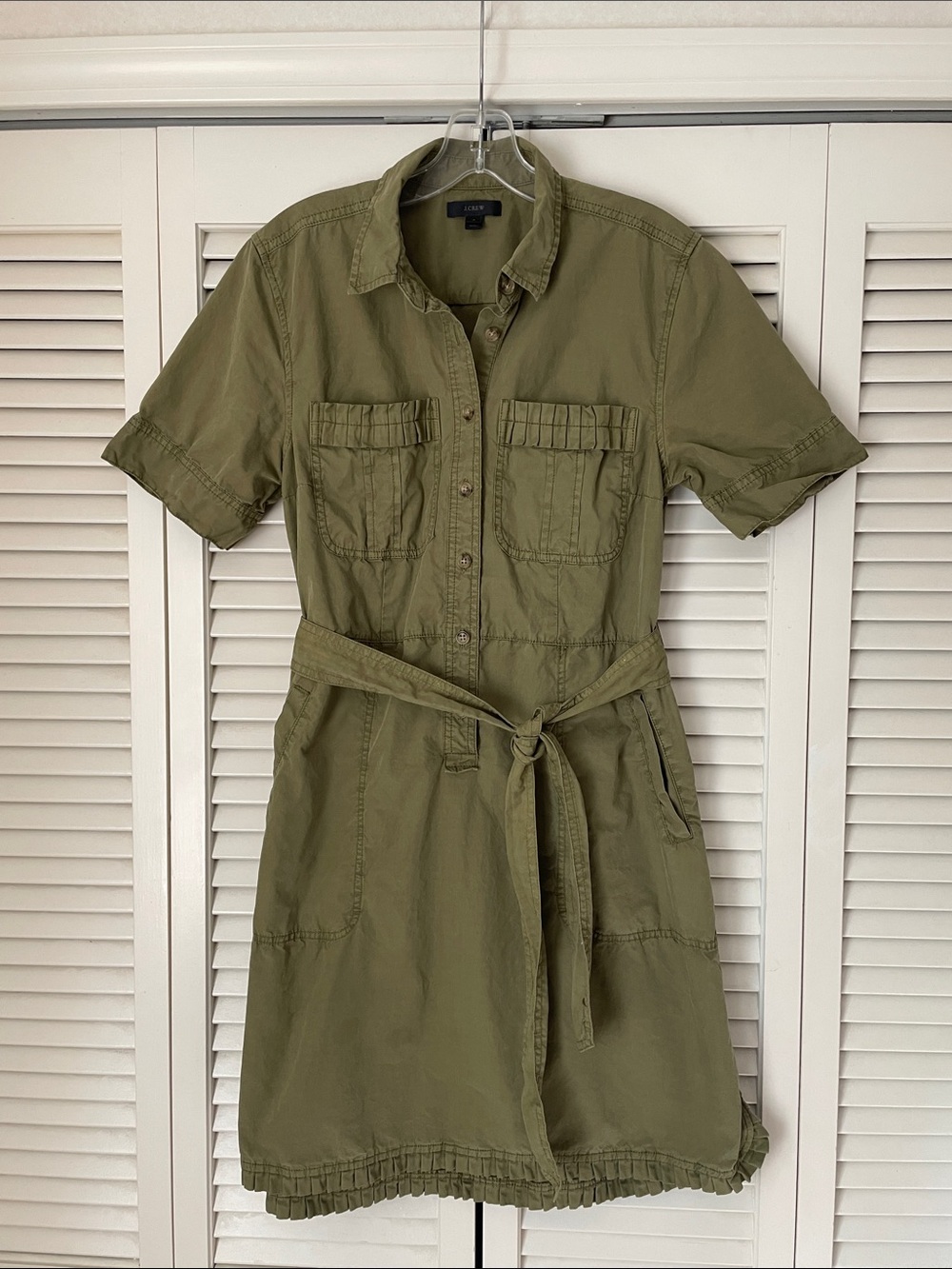 J. Crew Olive Green Utility Shirt Dress w/ Tie Belt Ruffle hem pockets Sz 10